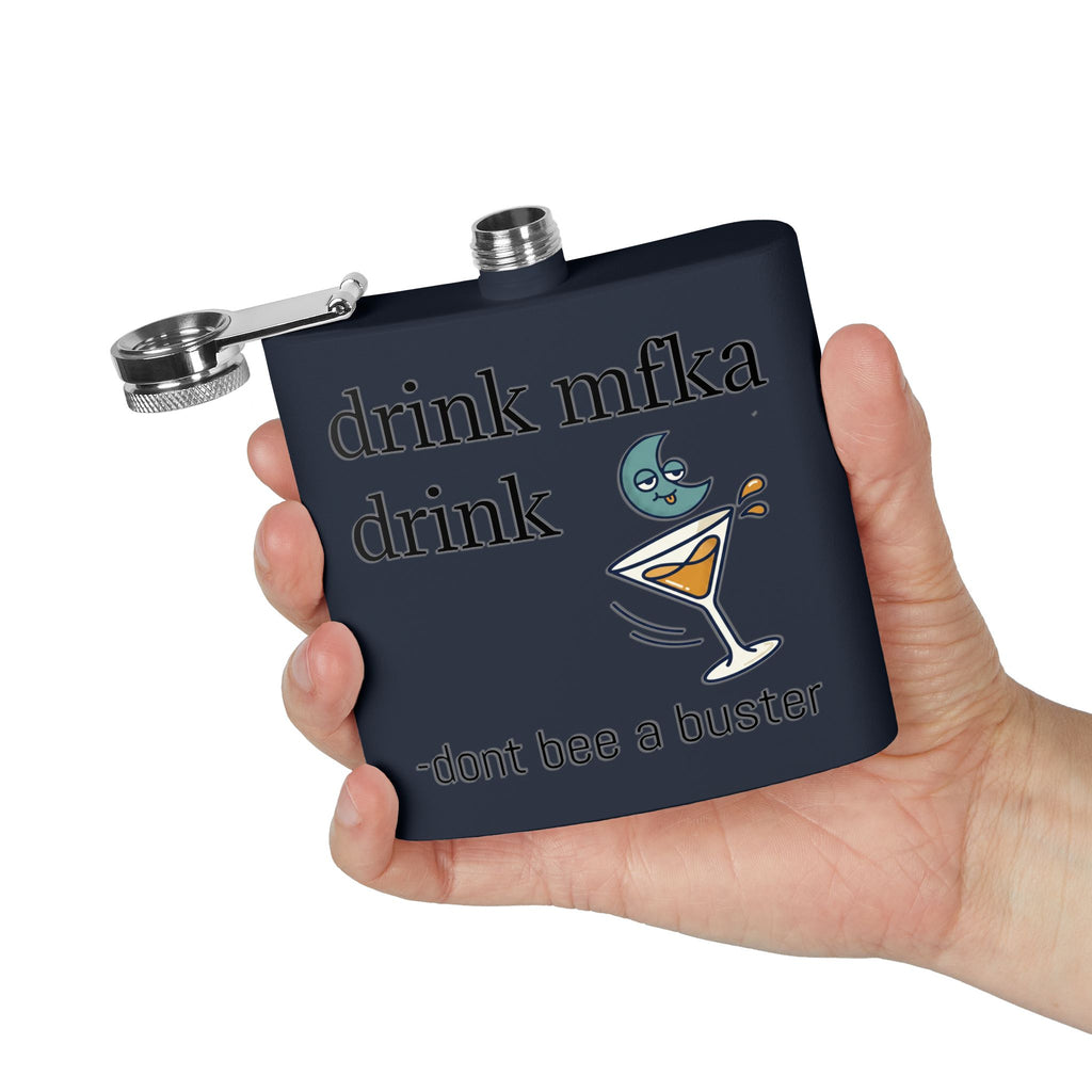 Flask — "drink mfka drink" Stainless Steel 6oz Hip Flask with Cocktail Moon Design