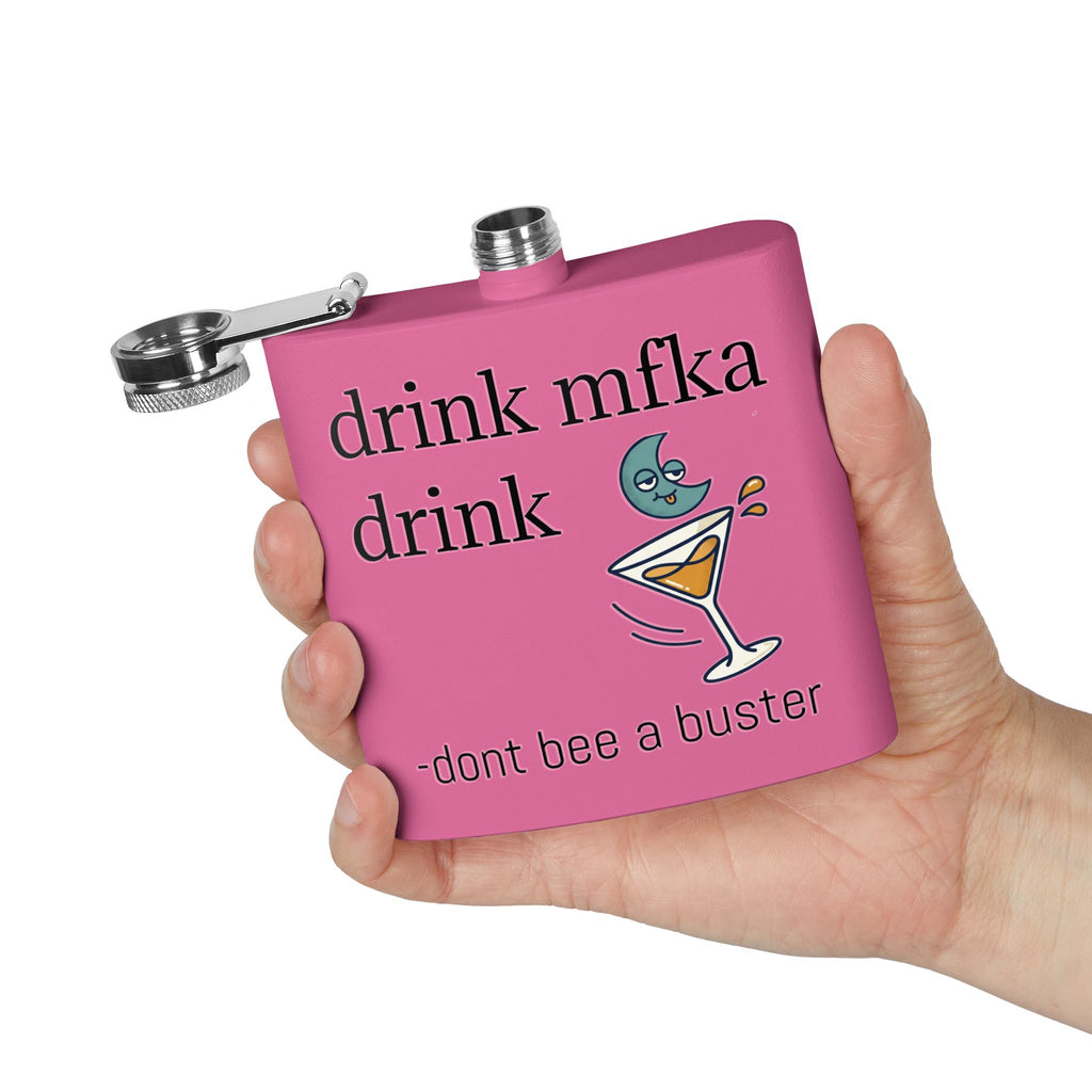 Flask — "drink mfka drink" Stainless Steel 6oz Hip Flask with Cocktail Moon Design