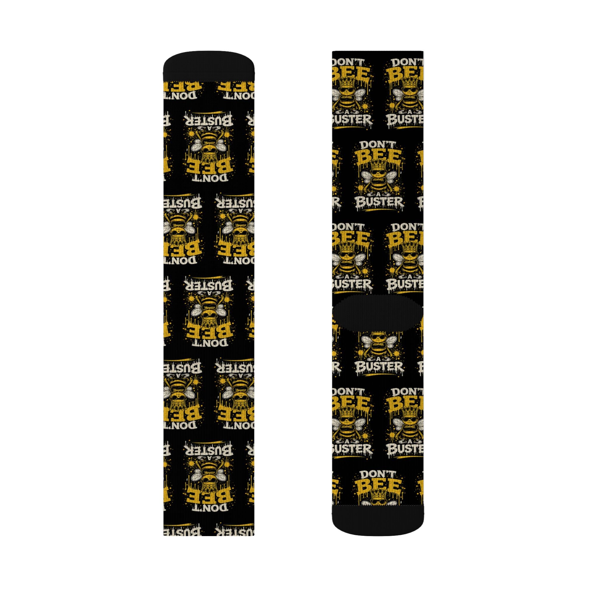 Don't Be a Bee Buster Socks — Novelty Sublimation Crew Socks with Bee Rescue Design
