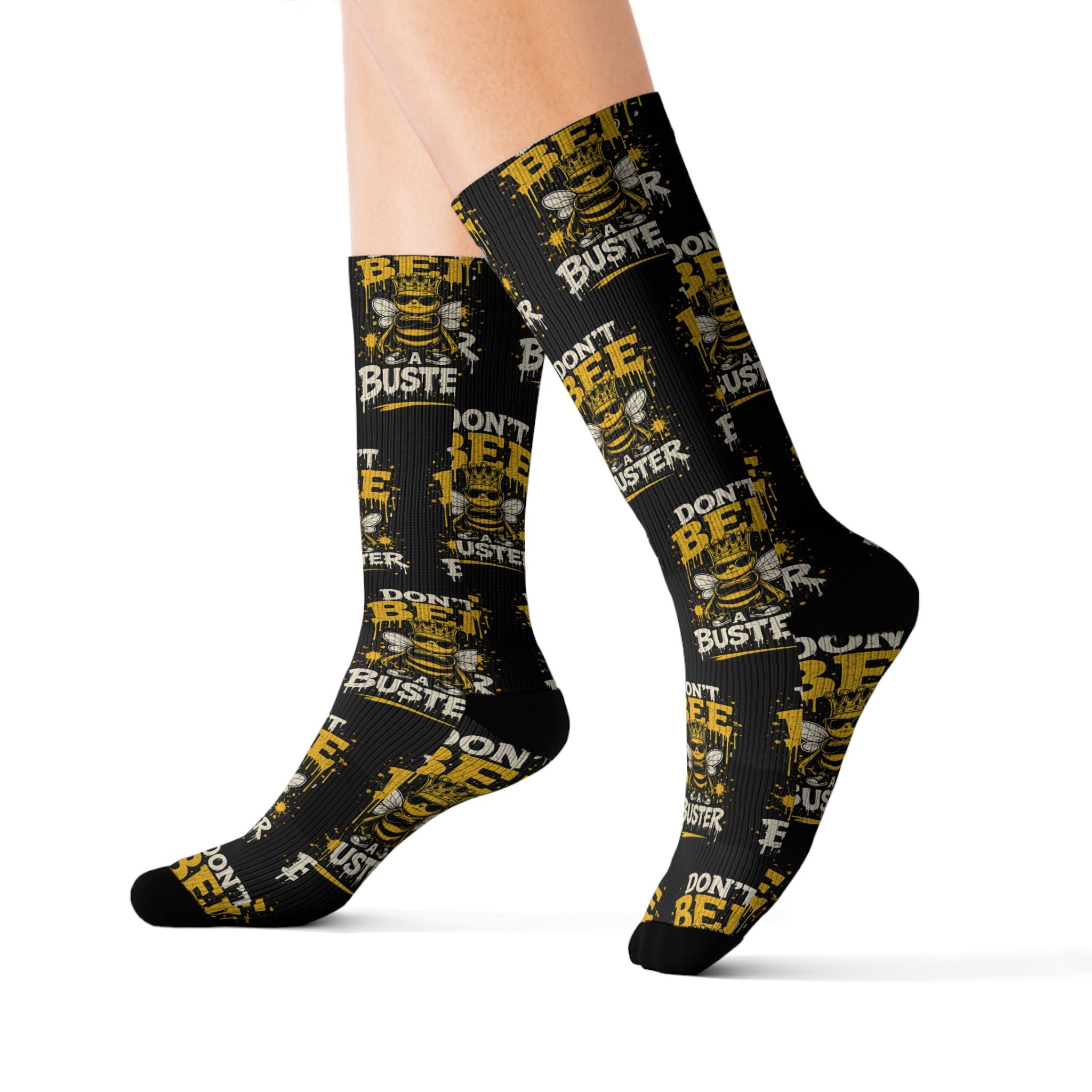 Don't Be a Bee Buster Socks — Novelty Sublimation Crew Socks with Bee Rescue Design