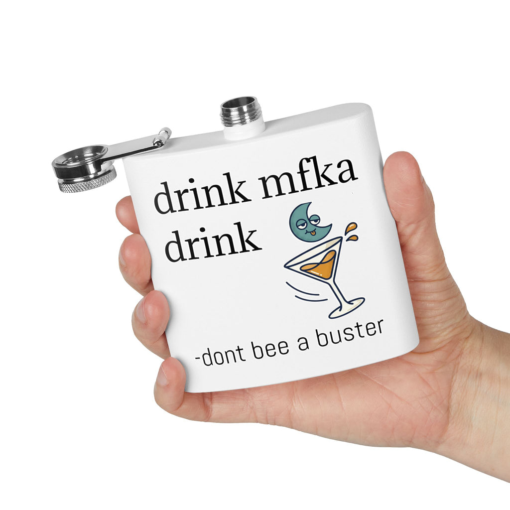 Flask — "drink mfka drink" Stainless Steel 6oz Hip Flask with Cocktail Moon Design