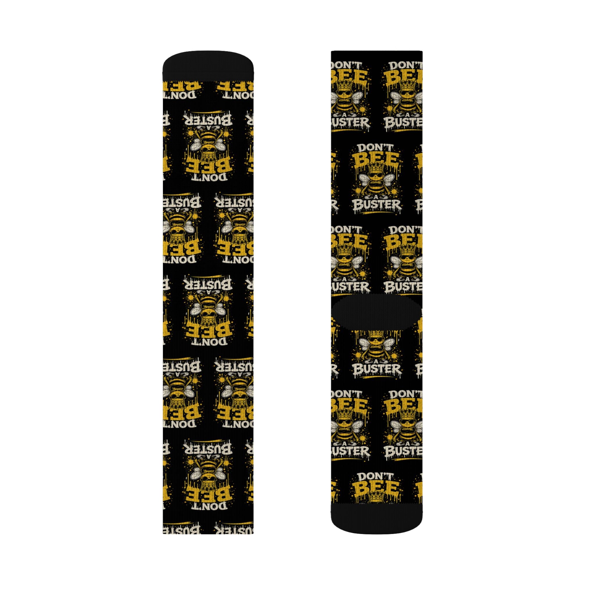 Don't Be a Bee Buster Socks — Novelty Sublimation Crew Socks with Bee Rescue Design