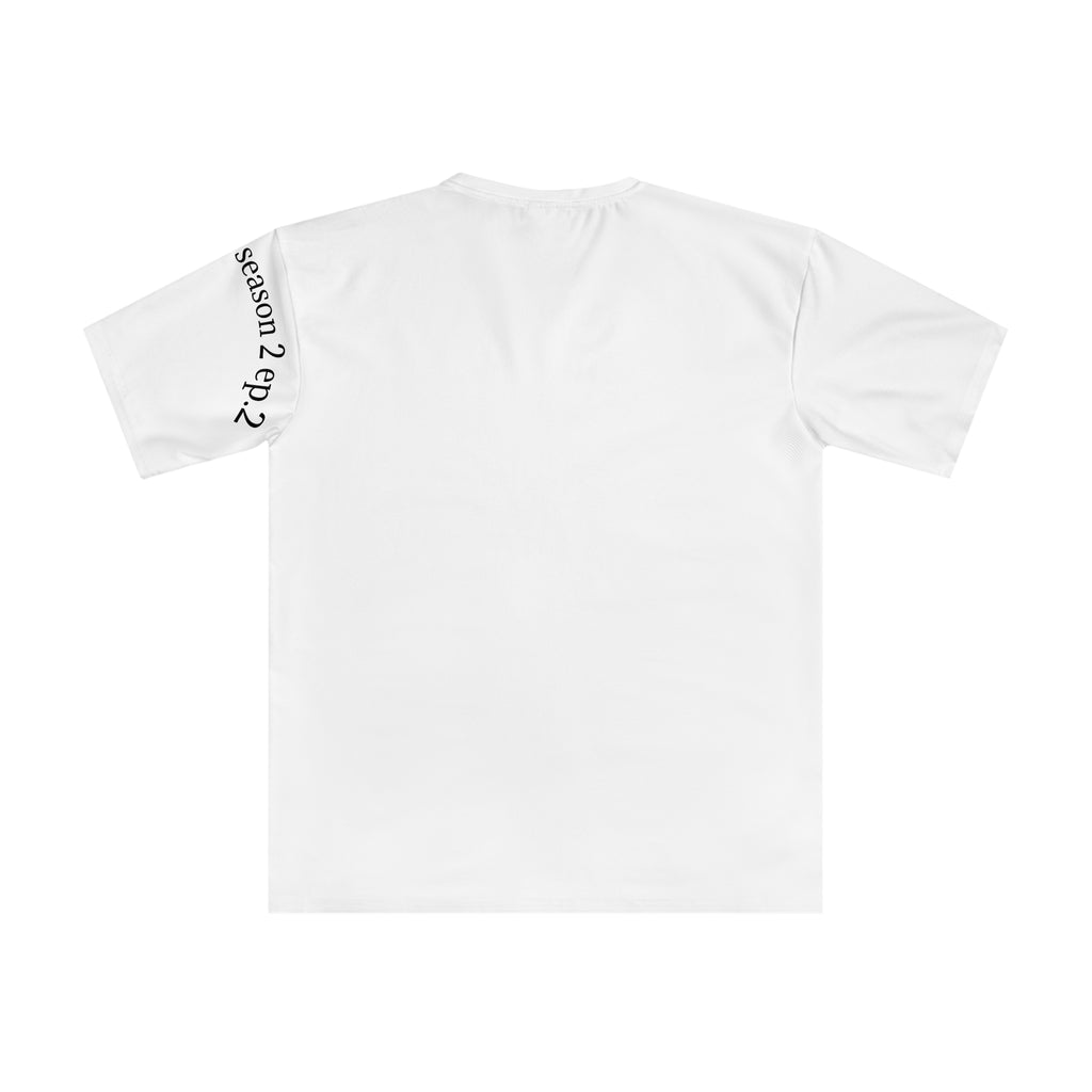 Minimalist White Loose T-Shirt with Sleeve Script — 'angelations_season_2_ep.2'