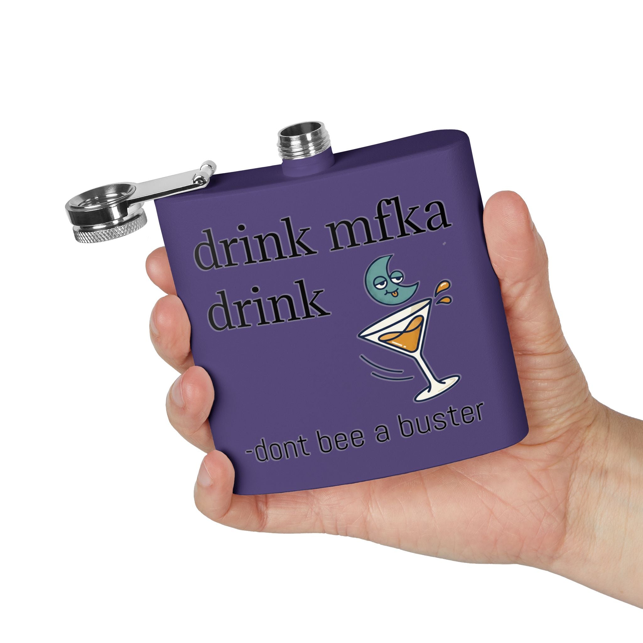 Flask — "drink mfka drink" Stainless Steel 6oz Hip Flask with Cocktail Moon Design