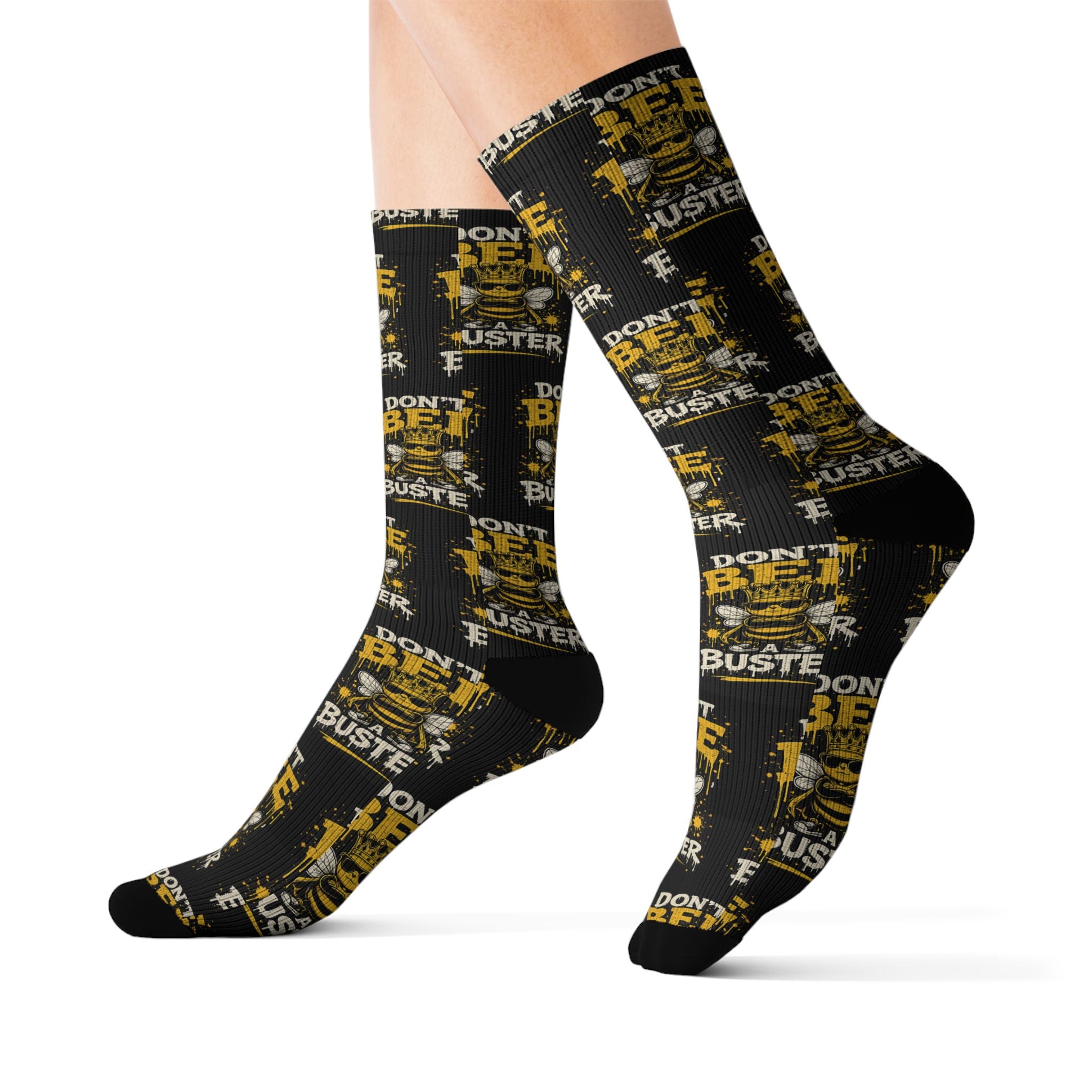 Don't Be a Bee Buster Socks — Novelty Sublimation Crew Socks with Bee Rescue Design