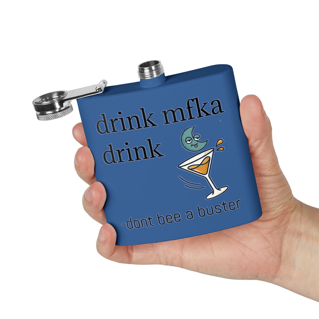 Flask — "drink mfka drink" Stainless Steel 6oz Hip Flask with Cocktail Moon Design
