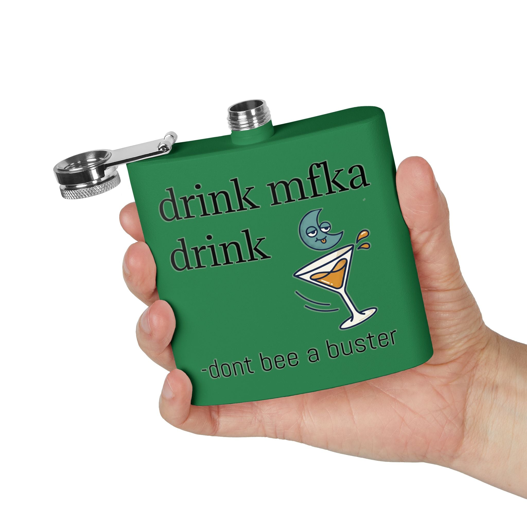 Flask — "drink mfka drink" Stainless Steel 6oz Hip Flask with Cocktail Moon Design
