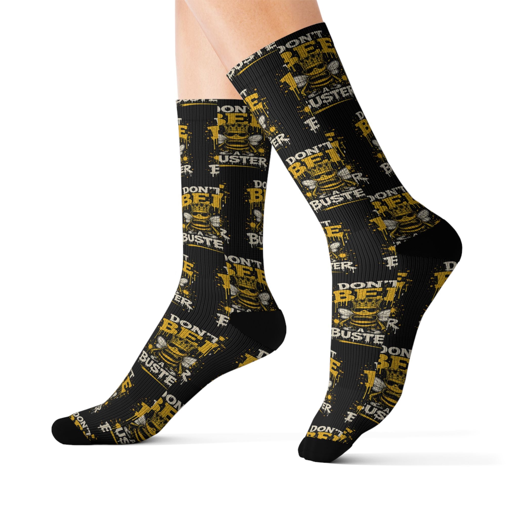 Don't Be a Bee Buster Socks — Novelty Sublimation Crew Socks with Bee Rescue Design