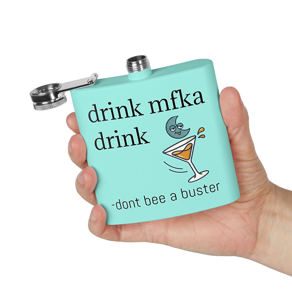 Flask — "drink mfka drink" Stainless Steel 6oz Hip Flask with Cocktail Moon Design