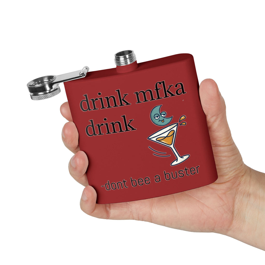 Flask — "drink mfka drink" Stainless Steel 6oz Hip Flask with Cocktail Moon Design