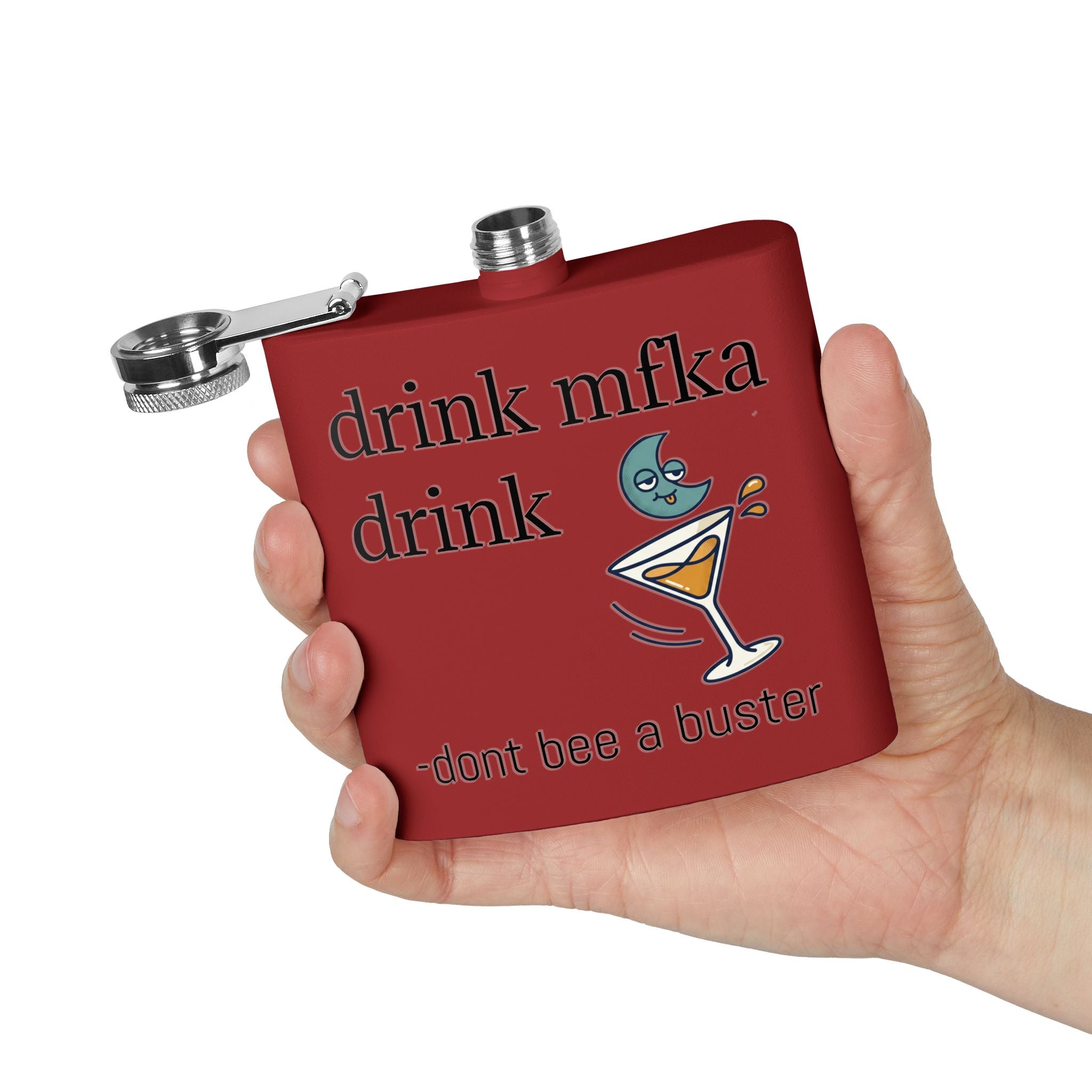 Flask — "drink mfka drink" Stainless Steel 6oz Hip Flask with Cocktail Moon Design