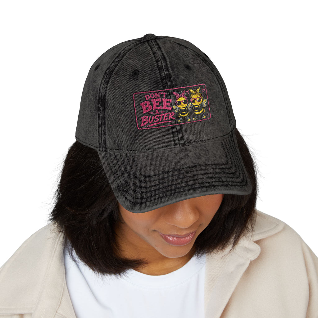 Vintage Embroidered 'DONT Bee Busters DUO' Cap – Washed Black Retro Trucker Hat