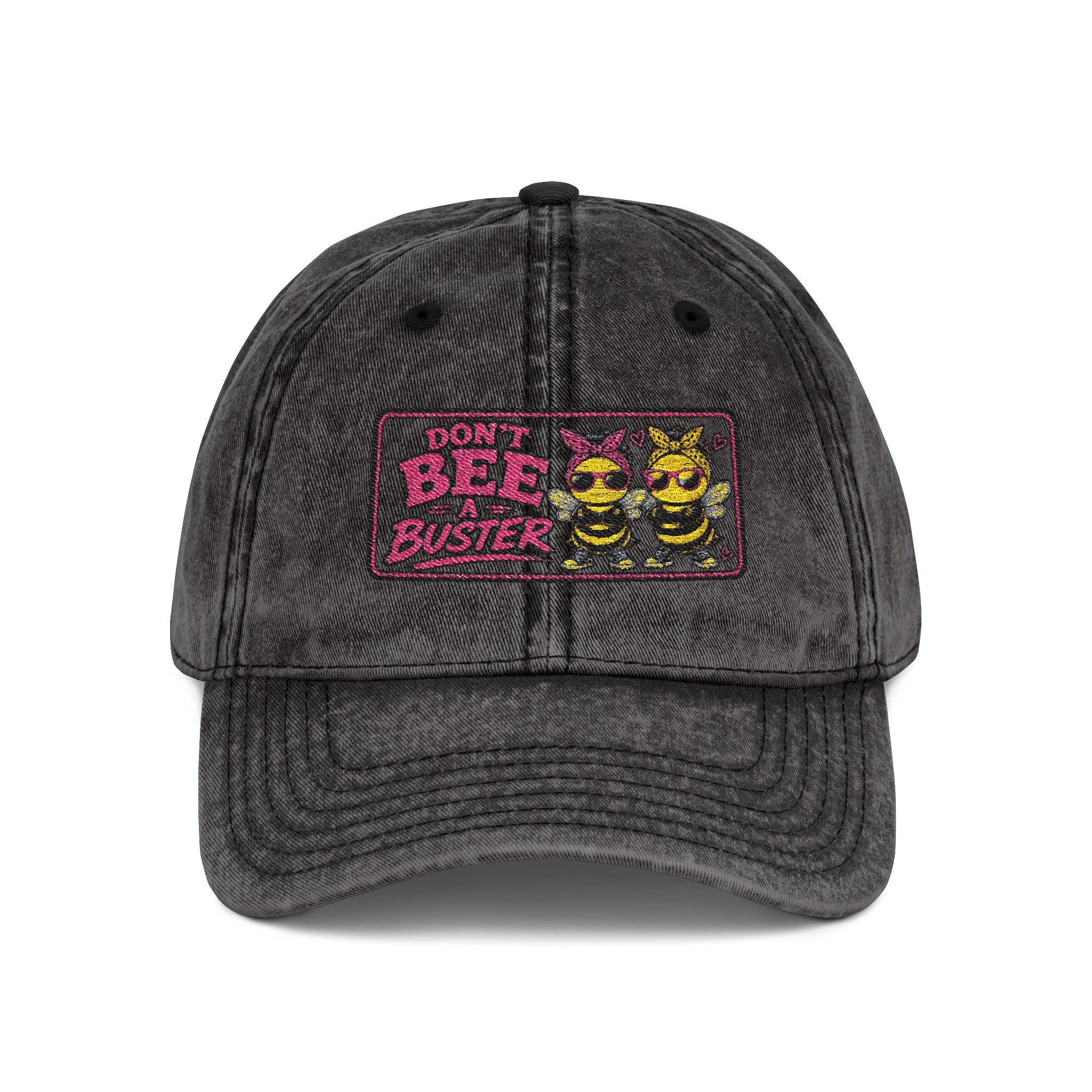 Vintage Embroidered 'DONT Bee Busters DUO' Cap – Washed Black Retro Trucker Hat
