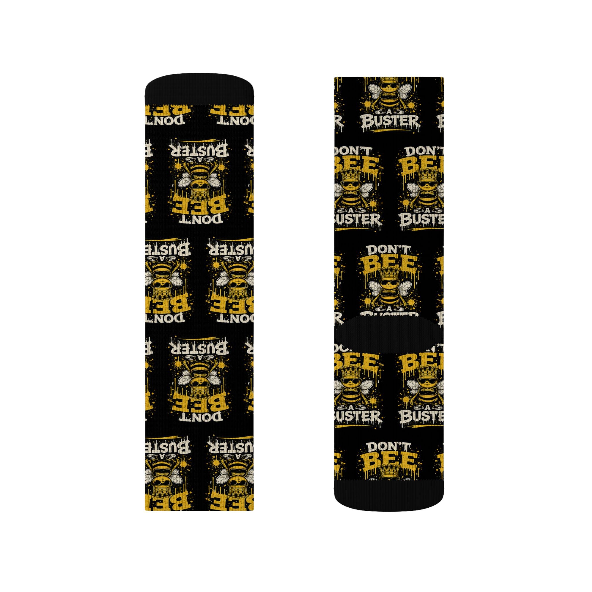 Don't Be a Bee Buster Socks — Novelty Sublimation Crew Socks with Bee Rescue Design
