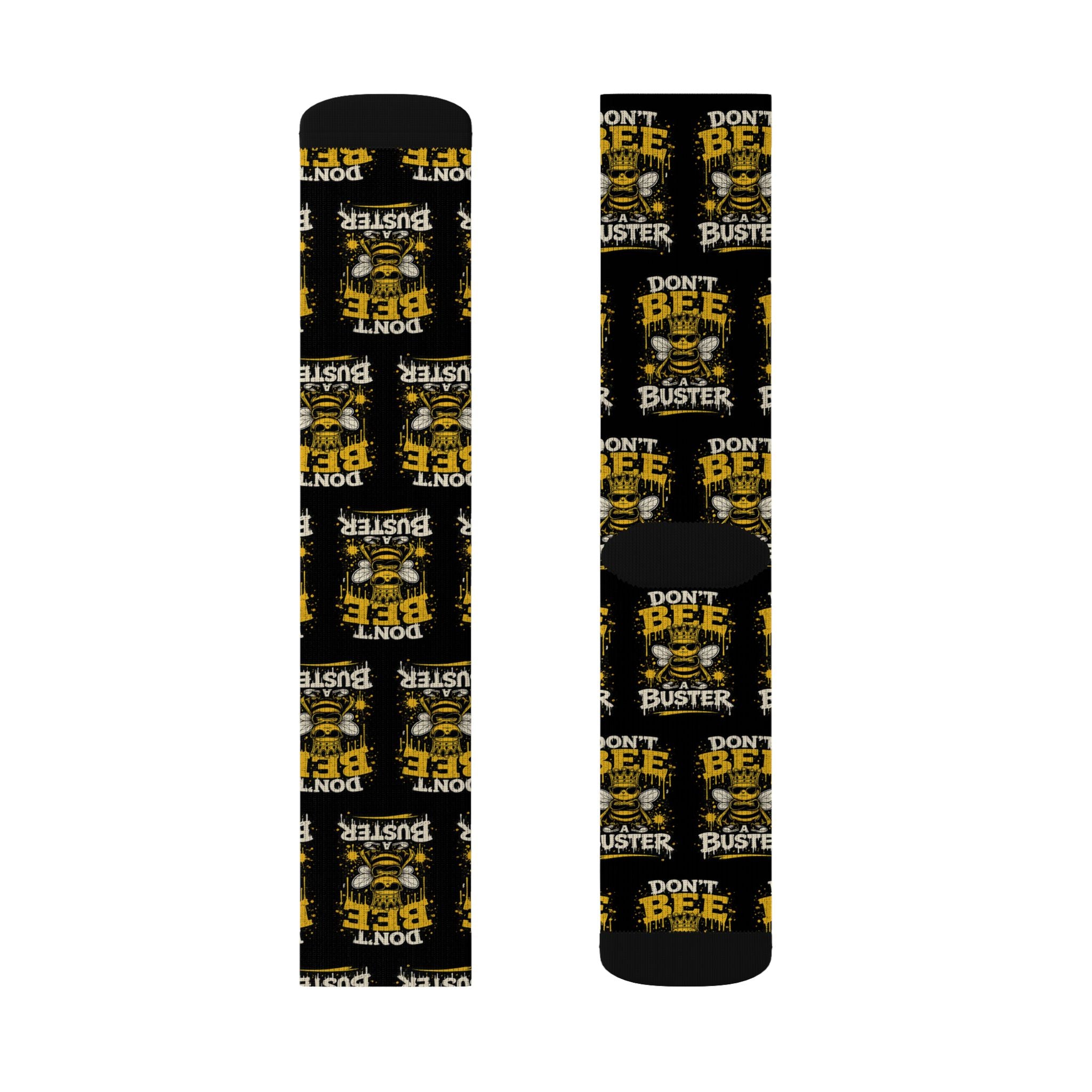 Don't Be a Bee Buster Socks — Novelty Sublimation Crew Socks with Bee Rescue Design